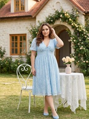 EYWOL Light Blue Floral Lace Midi Dress Puff Sleeve Tie V-Neck Womens 2XL NWT